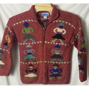 Vtg Ecuador Handknit Sweater L Red‎ Tweed Wool Zip Front Cardigan Dancing Women